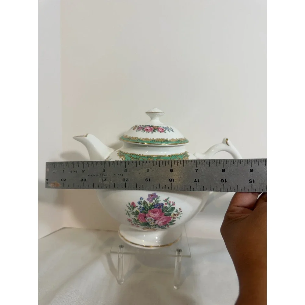 Coalport Montrose Green Bone China Teapot Floral Bird Gold Trim England 7in